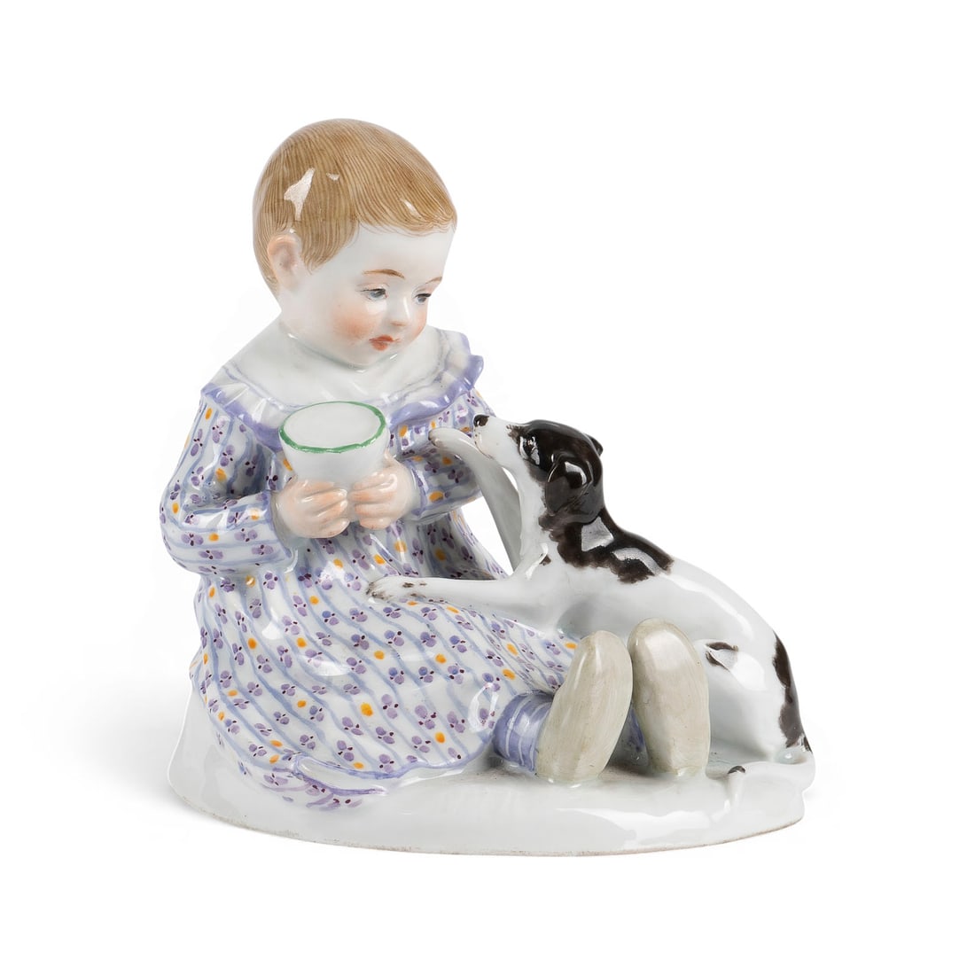 PAUL RUMRICH | KIND MIT HUND: PAUL RUMRICH Taetig Anfang 20. Jh. KIND MIT HUND Deutsch, Meissen, 1. Viertel 20. Jh. (Entwurf 1909) Porzellan, farbig staffiert. H. 12,7 cm. Unterglasurblaue Knaufschwerter, Press- und Malernummer,