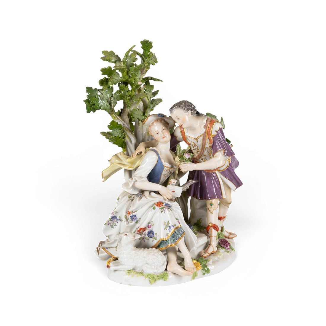 JOHANN JOACHIM KAENDLER | SCHAeFERGRUPPE: JOHANN JOACHIM KAENDLER 1706 Fischbach/Arnsdorf - 1775 Meissen SCHAeFERGRUPPE Deutsch, Meissen, 1850-1924 (Entwurf 1764-1766) Porzellan, polychrome Malerei, Goldstaffage. H. 23 cm. Unterglasurblaue