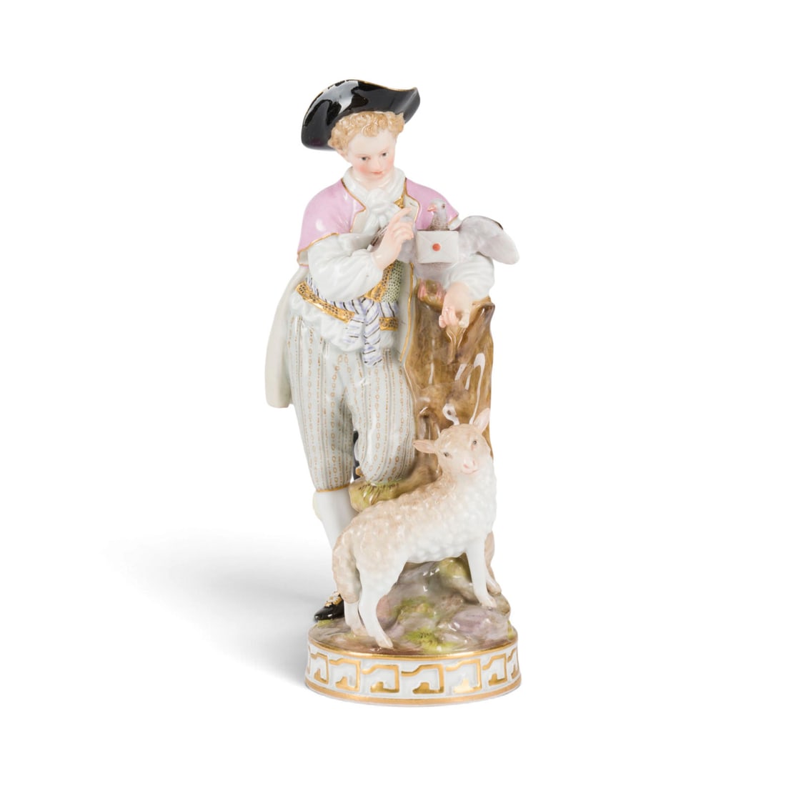 MICHEL VICTOR ACIER | SCHAeFER MIT BRIEFTAUBE: MICHEL VICTOR ACIER 1736 Versailles - 1799 Dresden SCHAeFER MIT BRIEFTAUBE Deutsch, Meissen, 1850-1924 (Entwurf 1777) Porzellan, polychrome Malerei, Goldstaffage. H. 19,5 cm. Unterglasurblaue