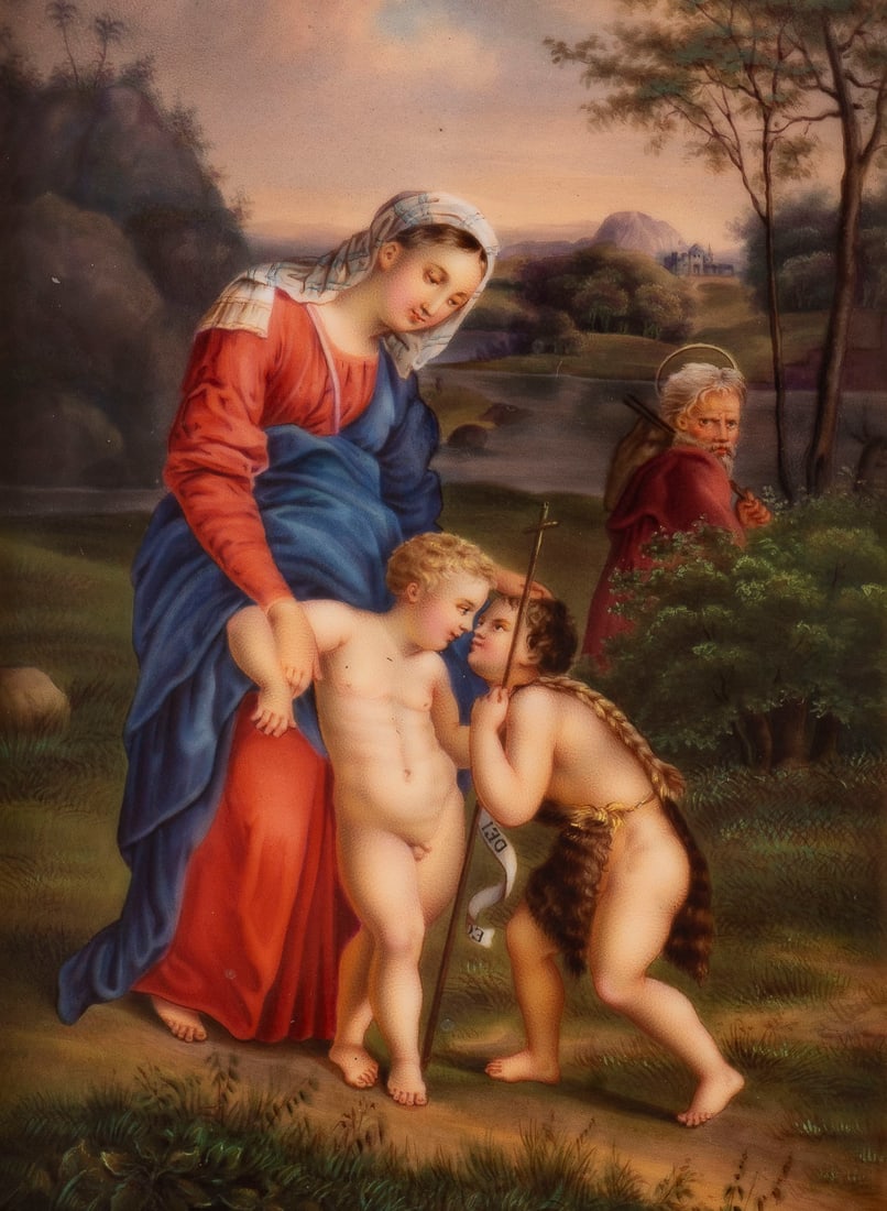 | PORZELLANBILDPLATTE 'MADONNA DEL PASSEGGIO': PORZELLANBILDPLATTE 'MADONNA DEL PASSEGGIO' Deutsch, KPM Berlin, nach dem Gemaelde von Raffael, Ende 19. Jh. Polychrome Malerei auf der Porzellanplatte, Holzrahmen. 10,8x7,8 cm (ohne Rahmen), 19,5x17