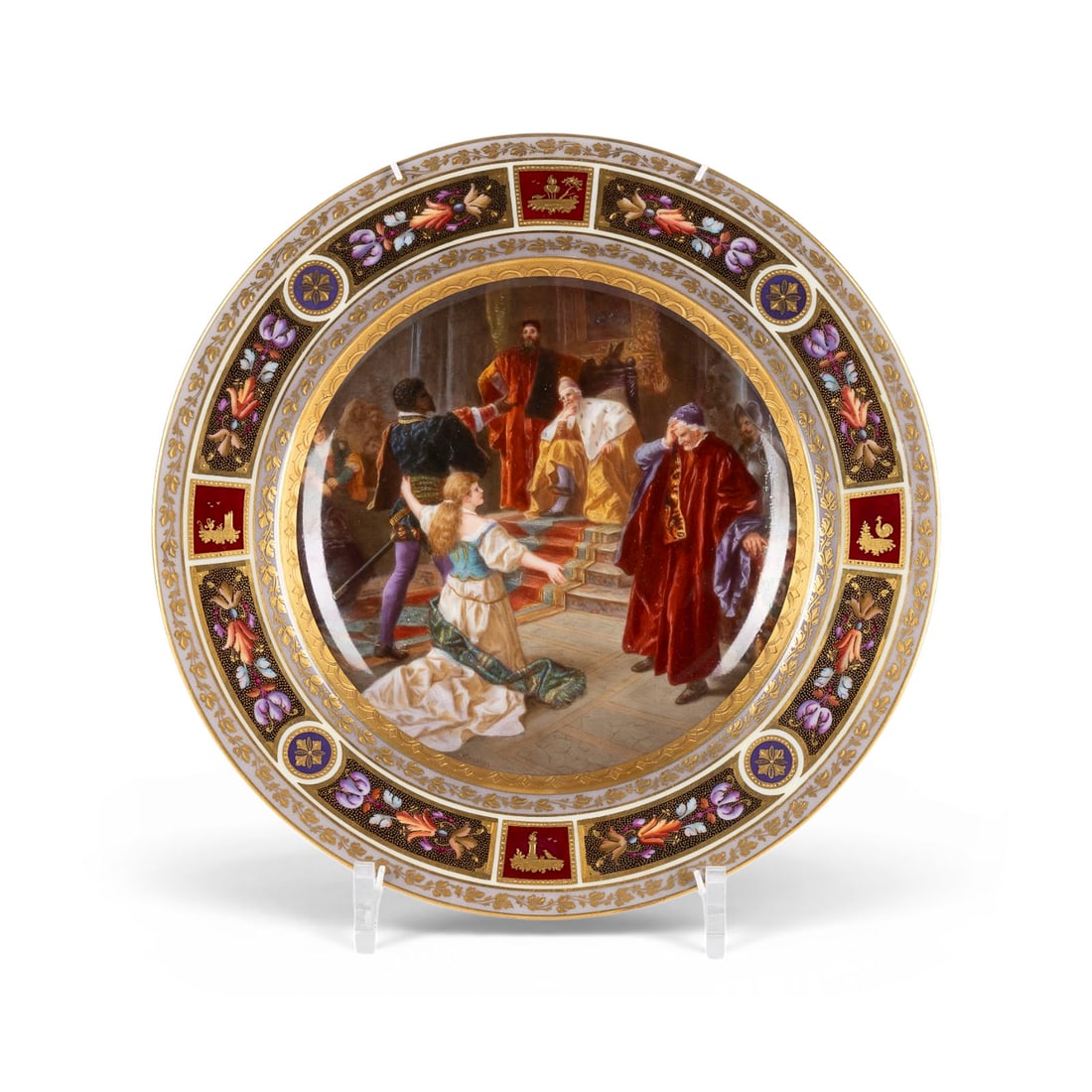 | PRUNKTELLER 'OTHELLO UND DESDEMONA': PRUNKTELLER 'OTHELLO UND DESDEMONA' Deutsch/Oesterreich, Dresden/Wien, Ausfuehrung: Louis Knoeller, Ende 19. Jh. Porzellan, polychrome Malerei, Goldstaffage. D. 24 cm. Unterglasurblauer Bindenschild,
