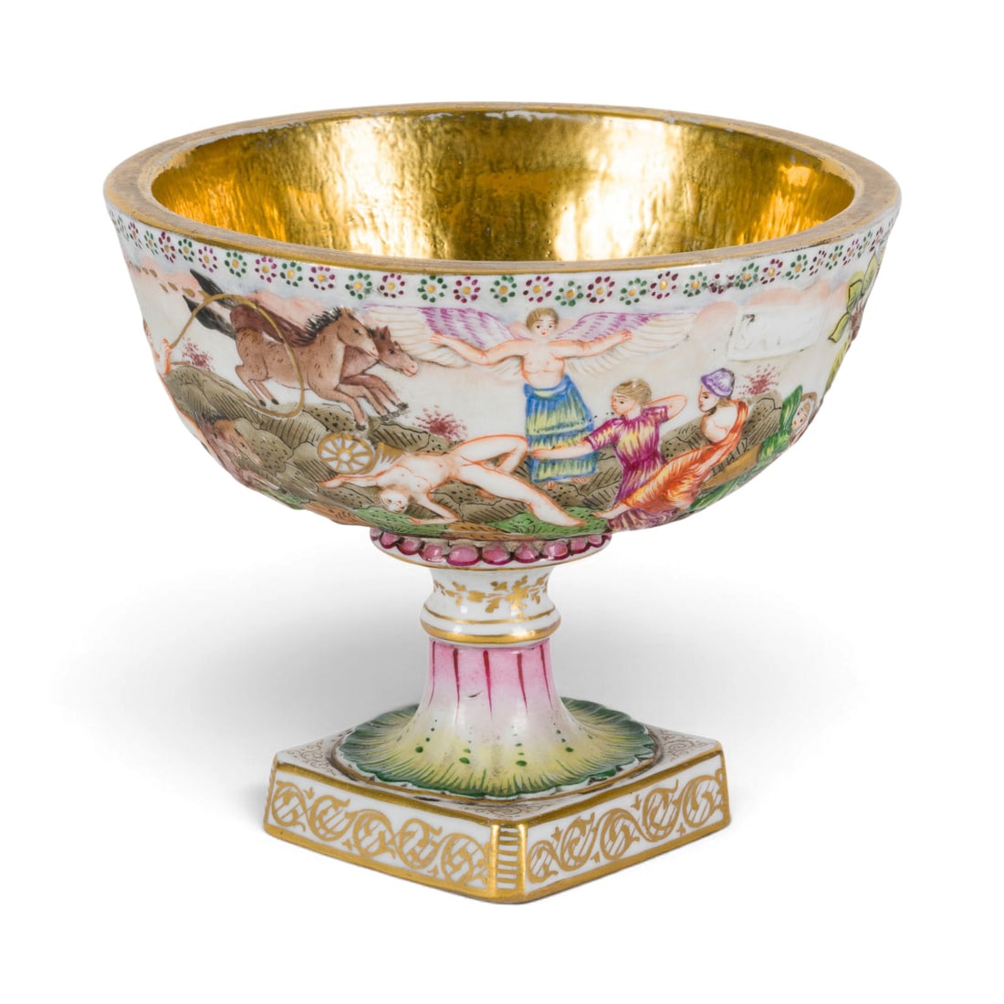 | FUSSSCHALE MIT MYTHOLOGISCHER BEMALUNG: FUSSSCHALE MIT MYTHOLOGISCHER BEMALUNG Deutsch, Thueringen, um 1900 Porzellan, polychrome Malerei, Goldstaffage. H. 11 cm. Am Boden mit einer Marke versehen: eine fuenfzackige Kroneueber dem