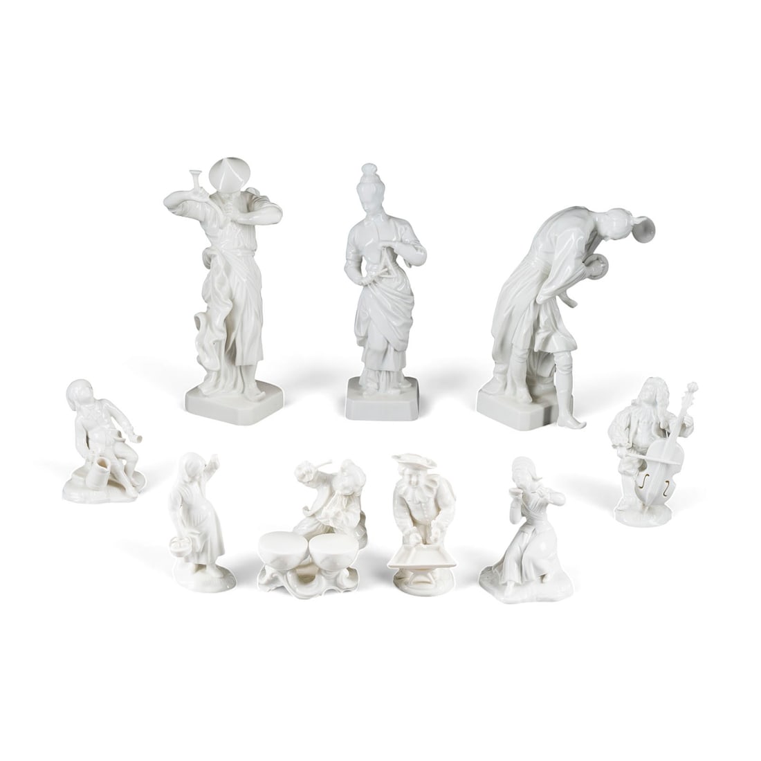 JOHANN PETER MELCHIOR | SAMMLUNG VON NEUN FIGUREN: JOHANN PETER MELCHIOR Ratingen 1747 - Muenchen 1825 SAMMLUNG VON NEUN FIGUREN Deutsch, Hoechst, 20. Jh. Weissporzellan. H. 10,3-27,5 cm. Unterglasurblaue Manufakturmarke 'Hoechst', part. Pressnummer.