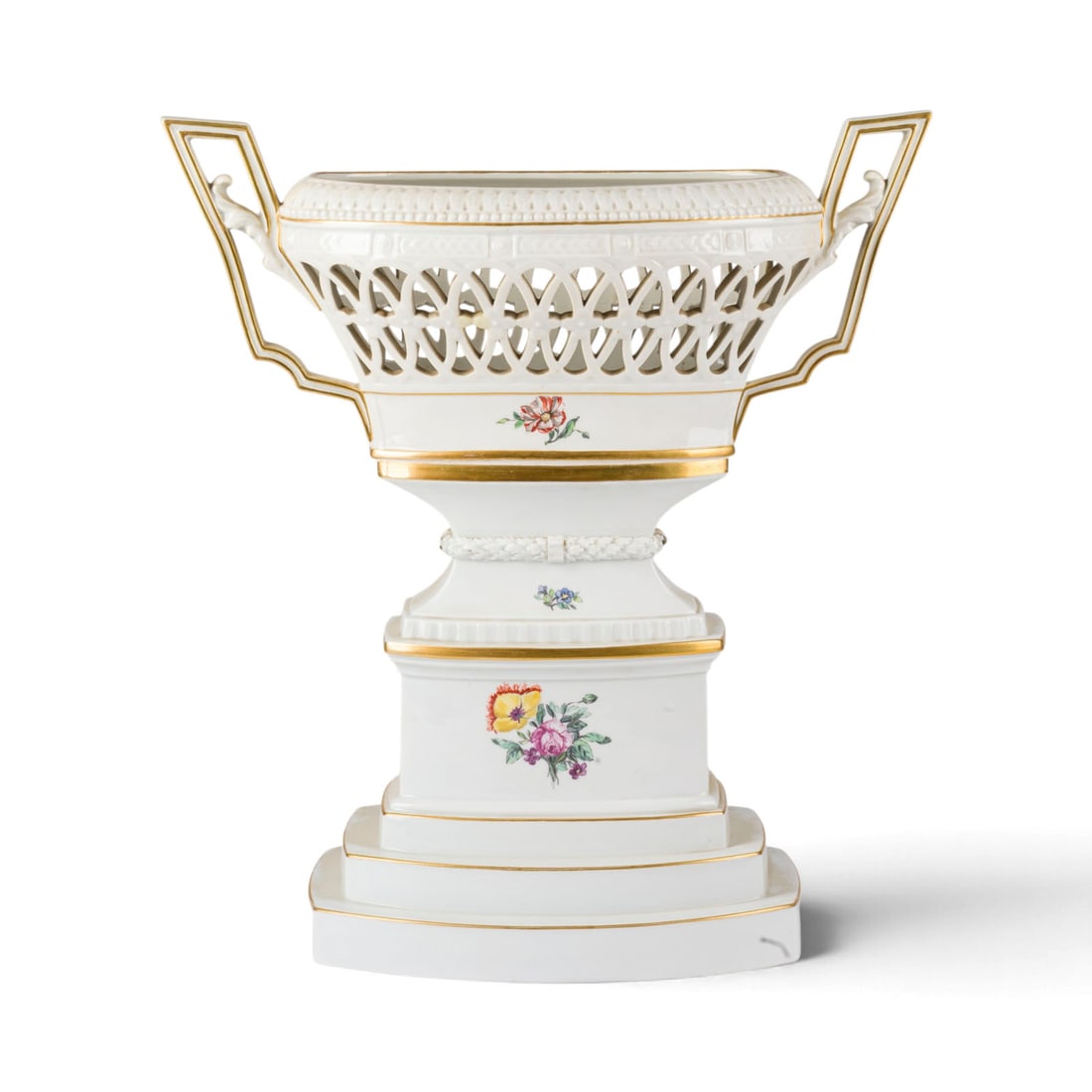 | VASE MIT PERLENMUSTER 'FLORA DANICA': VASE MIT PERLENMUSTER 'FLORA DANICA' Daenemark, Royal Copenhagen, fruehes 20. Jh. Porzellan, polychrome Malerei, Goldstaffage. H. 41,5 cm. Unterglasurblaue Manufakturmarke drei Wellen unter Krone, Mal