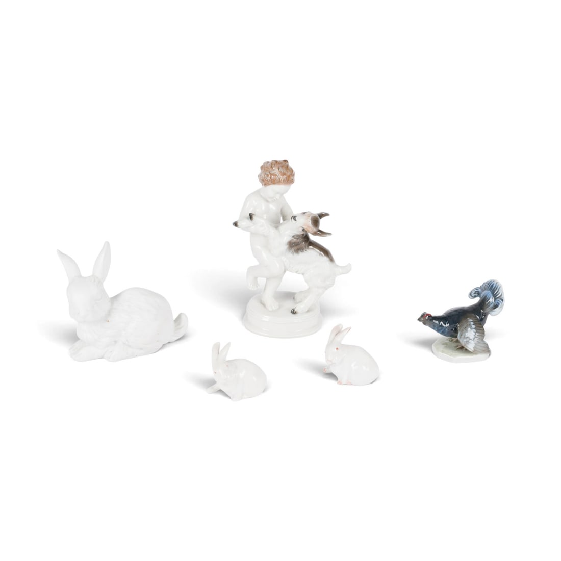 | FUeNF FIGUREN: FUeNF FIGUREN Deutsch/Daenemark, Rosenthal/Royal Copenhagen, 20. Jh. Porzellan, polychrom gefasst. H. 5-21 cm. Unterglasurblaue Wellenmarke, gruener Manufakturstempel/gruene Firmenmarke,