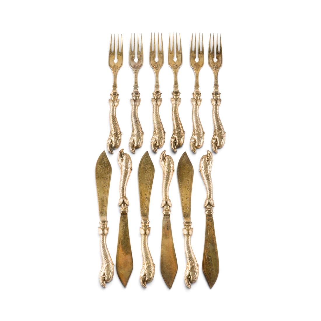 | FISCHBESTECK FUeR SECHS PERSONEN: FISCHBESTECK FUeR SECHS PERSONEN Deutsch, Bremen, Koch & Bergfeld, 20. Jh. 800er Silber, vergoldet. Ges.-Gew. 569 g, L. 19,5-20 cm. Punziert mit Halbmond, Krone, Feingehalt '800', Firmensignet, teilw.