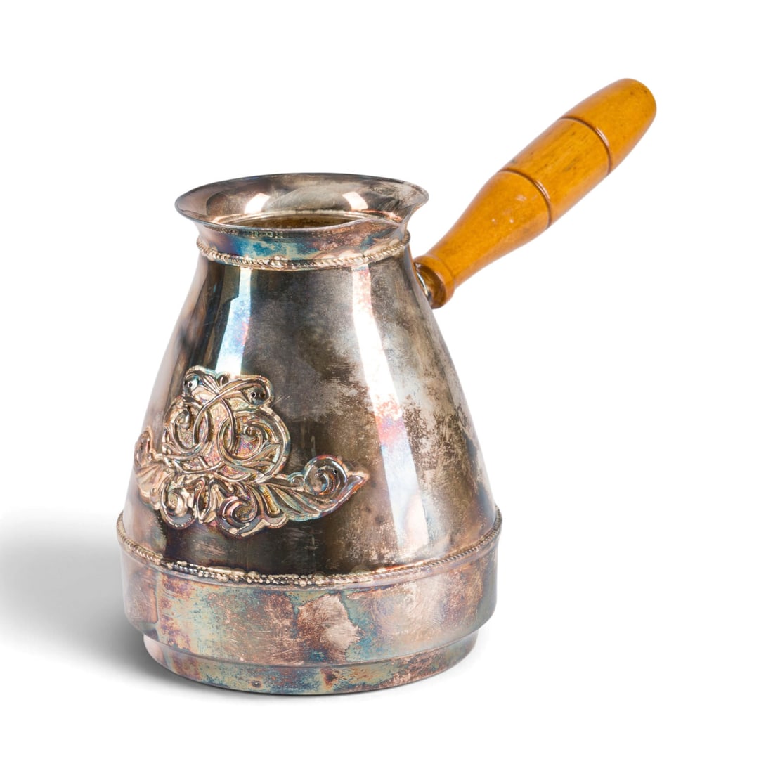 | KAFFEEKANNE: KAFFEEKANNE Russland, Moskau, ab 1991 925er Silber, Holz. Gew. 390 g, H. 12,2 cm. Punziert mit Kokoshnikmarke, Feingehalt '925', 'M', '5XLA' (kyrillisch). Mit Originalschatulle und