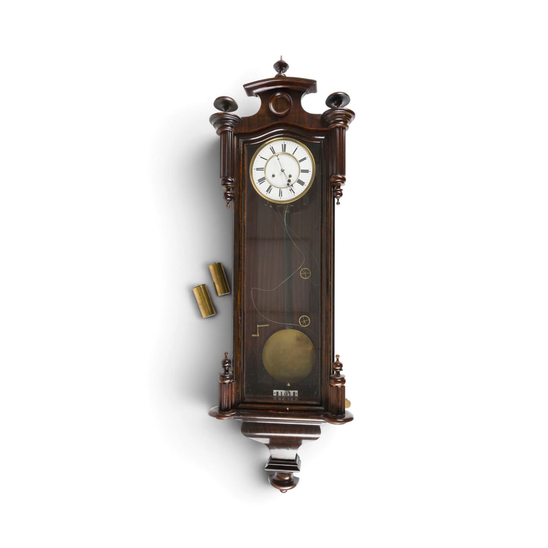 | WIENER ZWEIGEWICHTSREGULATOR: VIENNESE TWO-WEIGHT REGULATOR Austria, Vienna, circa 1890 Likely walnut, dark-stained, glass, metal, steel, enamel. 124 x 39 x 15.5 cm. Signs of use, minor nicks/chips, functionality untested;