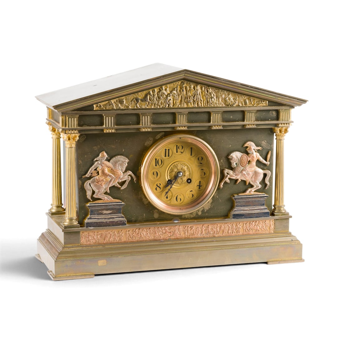 | KAMINUHR: MANTEL CLOCK France, Japy Freres & Cie, c. 1880 Brass, copper, and other metals; glass; steel. 37 x 48 x 17.5 cm. Movement marked 'Japy Freres & Cie Gde Med. d'Honneur'. Minor rubbing and nicks;