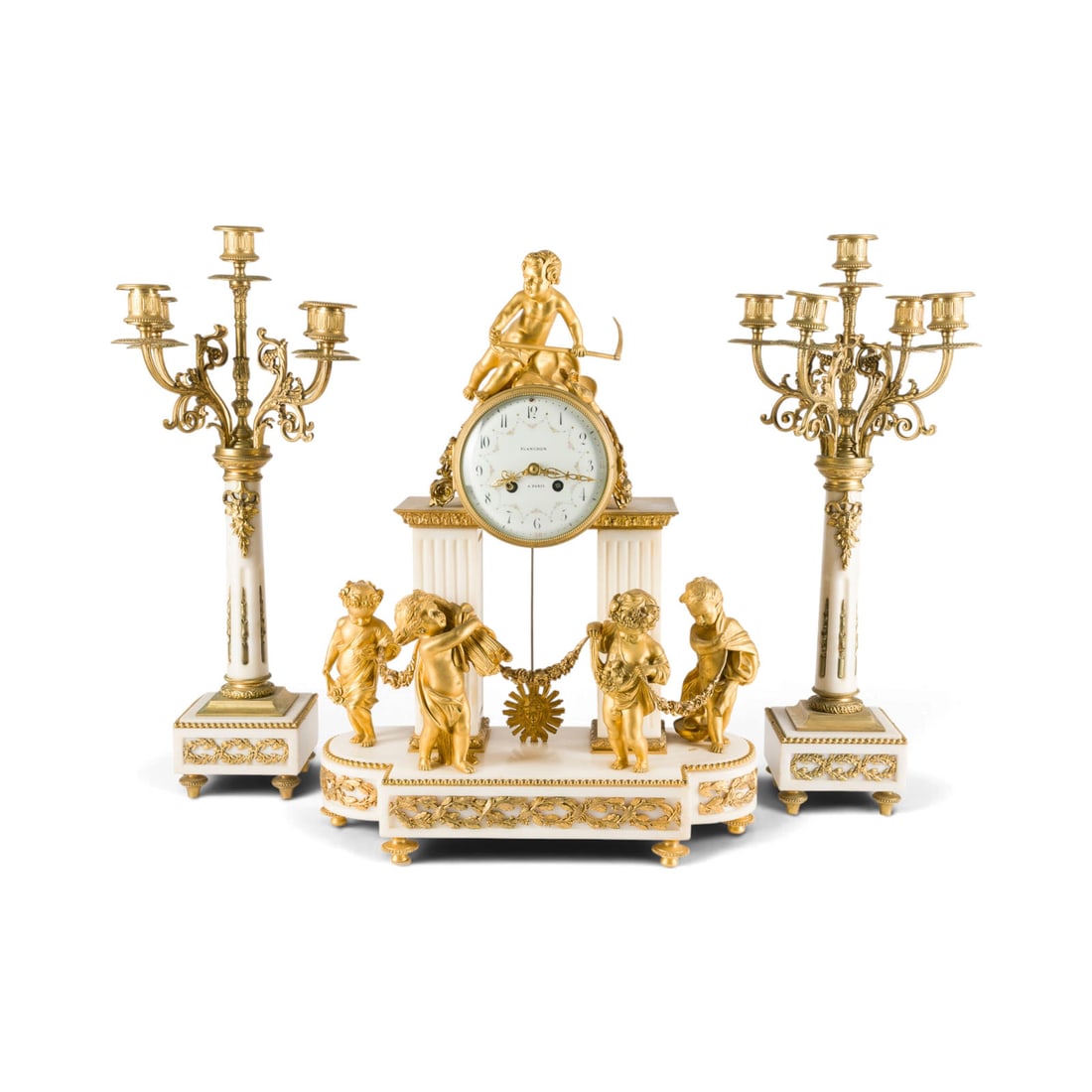| MONUMENTALES KAMINUHR-ENSEMBLE 'DIE JAHRESZEITEN': MONUMENTAL MANTEL CLOCK ENSEMBLE 'THE SEASONS' France, Paris, Planchon, second half of the 19th century Bronze, gilt, marble, glass, metal, steel, enamel. 50.5 x 38.5 x 17 cm. Inscribed on the dial