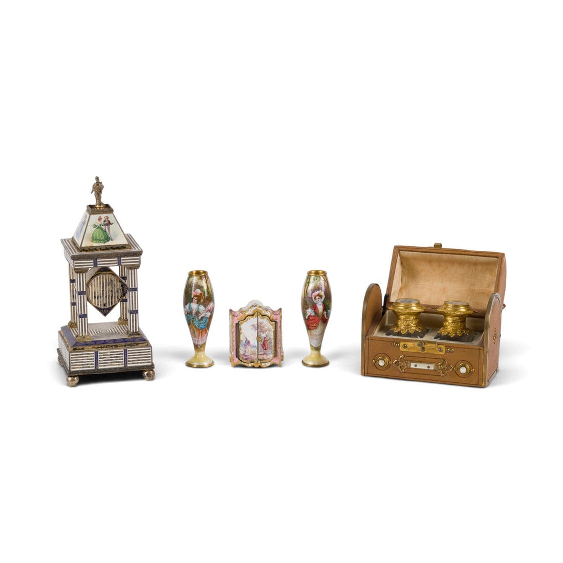 | KONVOLUT EMAIL-TISCHOBJEKTE: LOT OF ENAMELED TABLE OBJECTS Among others France, 19th and early 20th centuries. Materials: metal (partially enameled, partially polychrome-painted), enamel, silver, leather, mother-of-pearl. Max. di