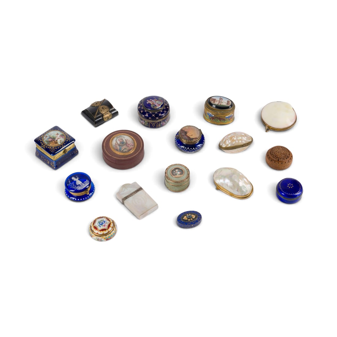 | SAMMLUNG AUS 16 DOSEN: COLLECTION OF 16 BOXES 19th and 20th Century Metal, shells, mother-of-pearl, glass, porcelain, wood, enamel, micromosaic, horn, tortoiseshell, papier-mache. Max. 8 x 4.5 x 4.5 cm; min. 4 x 3 x 1 cm. S