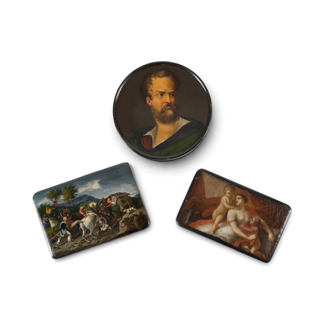 | 3 LACK-TABATIEREN: 3 LACQUER SNUFF BOXES 19th Century Papier-mache, oil-on-lacquer painting; partly with metal mounts. 2 x 9 x 9 cm / approx. 2 x 9 x 6 cm. Partially signed. Partially rubbed and damaged.3 LACK-TABATIERE