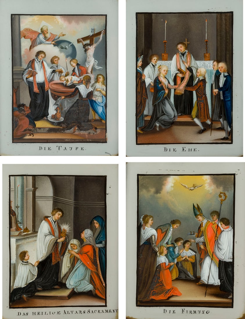 | VIER HINTERGLASMALEREIEN MIT HEILIGEN SAKRAMENTEN: FOUR REVERSE PAINTINGS ON GLASS DEPICTING THE HOLY SACRAMENTS 19th century Polychrome reverse paintings on glass, each framed. Image size 26.5 x 20.5 cm (frame 32 x 26 x 1.5 cm). Depicted are: