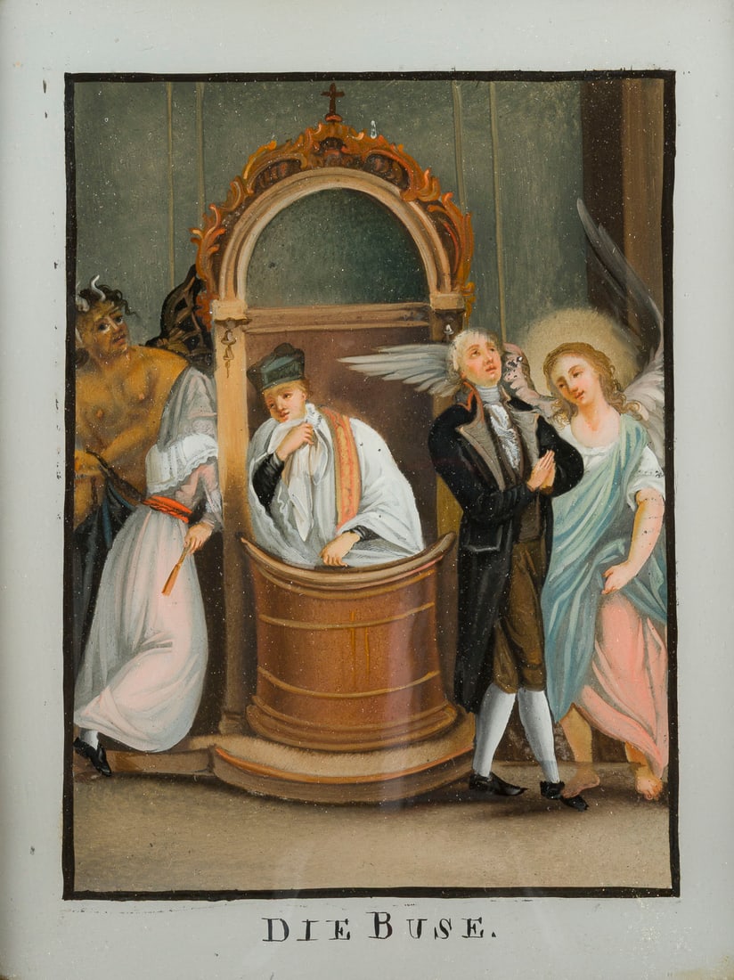 | SECHS HINTERGLASMALEREIEN 'VATER UNSER' UND 'SAKRAMENTE': SIX REVERSE PAINTINGS ON GLASS: 'THE LORD'S PRAYER' AND 'THE SACRAMENTS' 19th century Polychrome reverse paintings on glass, each framed. Image size approx. 26 x 20.5 cm (frame 32 x 26.5 x 1.5 cm).