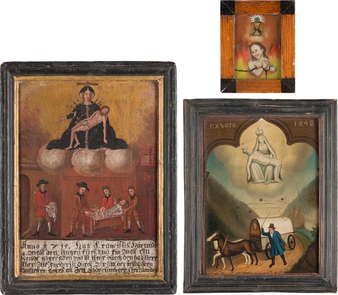 | DREI CHRISTLICHE MALEREIEN: THREE CHRISTIAN PAINTINGS 18th and 19th centuries Polychrome reverse painting on glass / oil on lightweight card / oil on wood; each framed. Various sizes. One reverse painting on glass depicting the