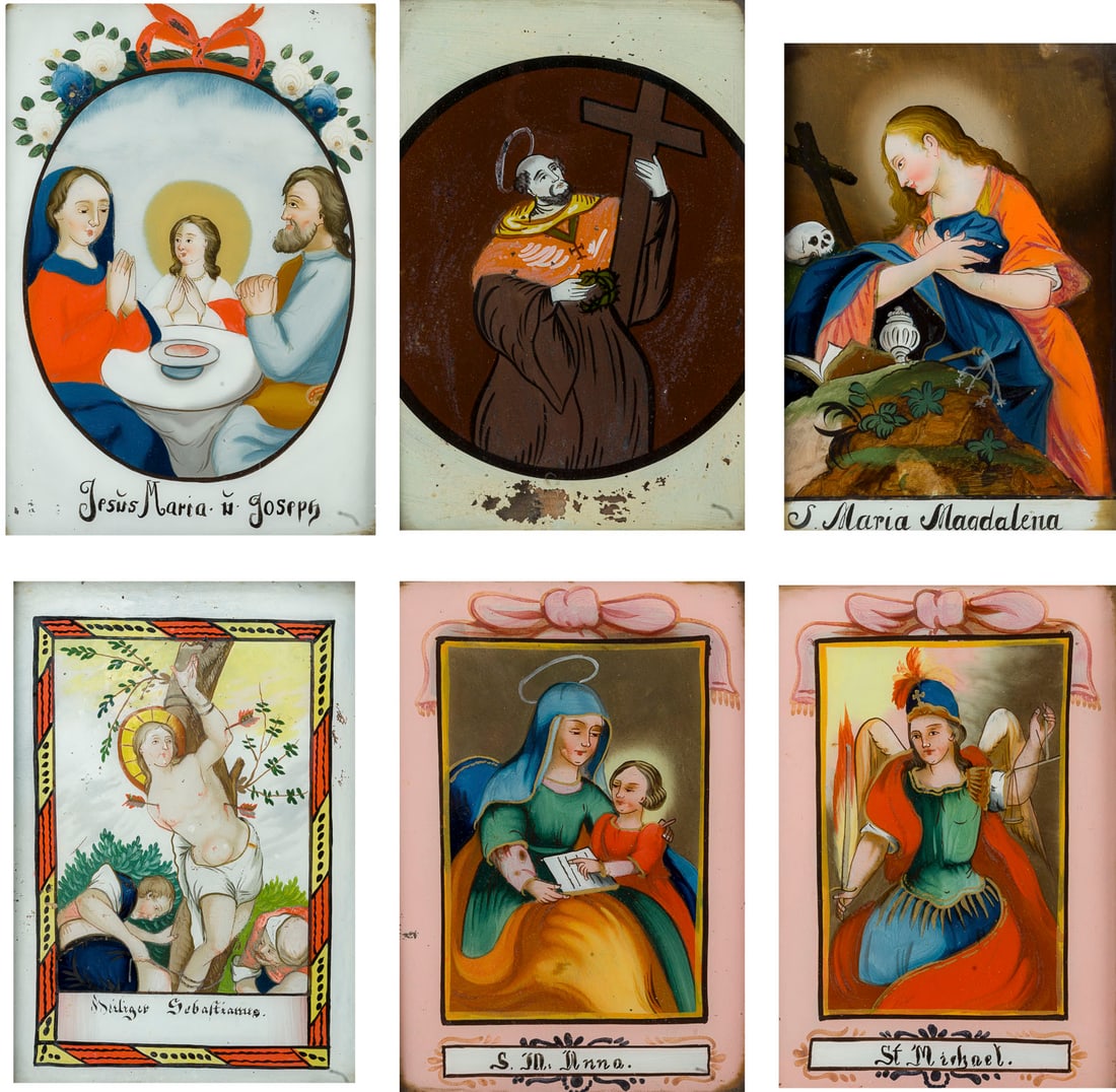 | SECHS HINTERGLASMALEREIEN: SIX REVERSE PAINTINGS ON GLASS 19th century Polychrome reverse paintings on glass, each framed. Varying sizes. Depicting Saint Anne (image 17.5 x 12.5 cm, frame 22 x 17 x 1 cm), Saint Michael (image