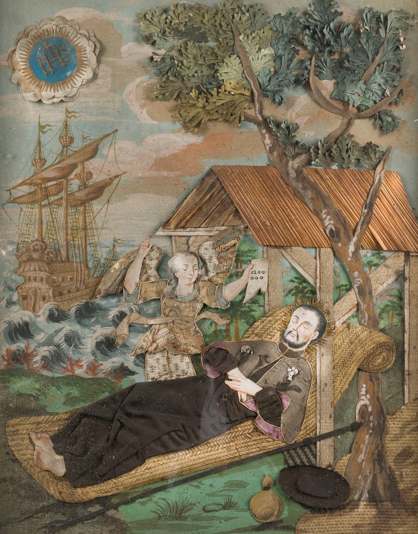 | KLOSTERARBEIT 'DER HEILIGE FRANZ XAVER AUF DEM TOTENBETT': CONVENT WORK: 'SAINT FRANCIS XAVIER ON HIS DEATHBED' Circa 1800 Collage of watercolor and gouache on paper, various textiles, and straw stalks; framed behind glass. Image size 38 x 30 cm (frame 49 x 4