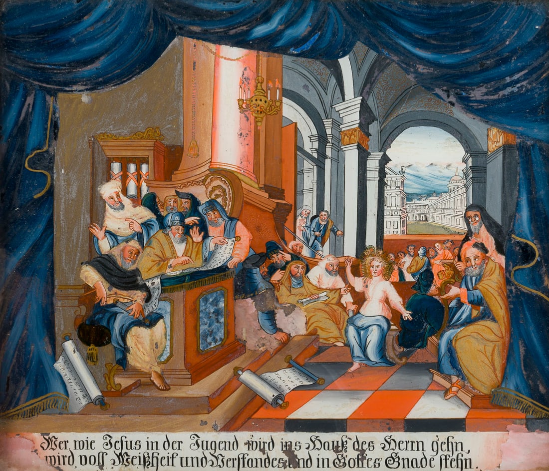 | HINTERGLASMALEREI 'CHRISTUS IM TEMPEL': REVERSE GLASS PAINTING 'CHRIST IN THE TEMPLE' 19th century Polychrome reverse glass painting, framed. Image size 30.5 x 26 cm (frame 34.5 x 40 x 2 cm). Minor damage.HINTERGLASMALEREI 'CHRISTUS IM TEMP
