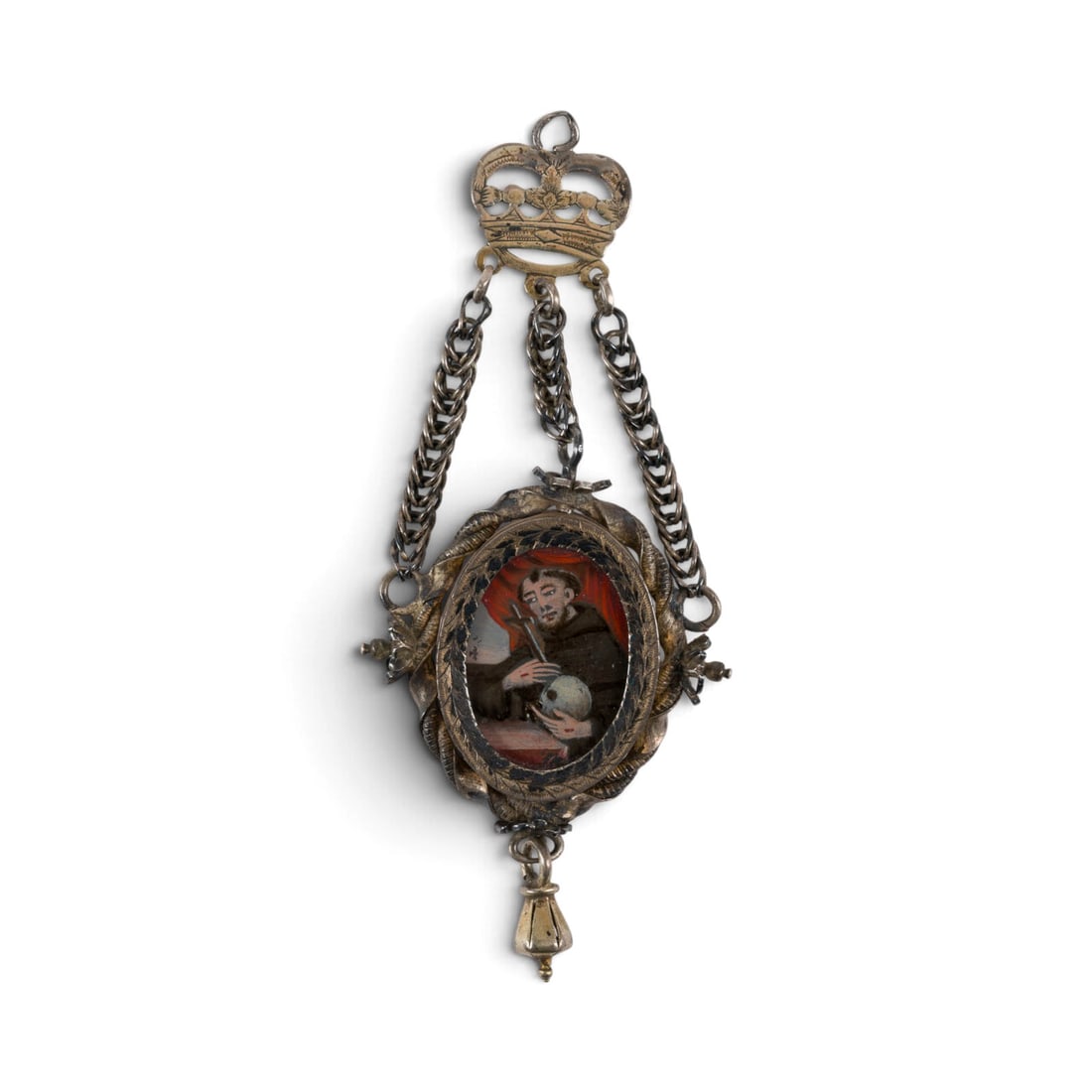 | FEINER ANHAeNGER MIT HINTERGLASMALEREI: FINE PENDANT WITH REVERSE GLASS PAINTING Probably Italy, 17th century Silver, gilt, polychrome reverse glass painting. Total length 11.5 cm. Oval medallion, depicting Saint Francis of Assisi and Mary 