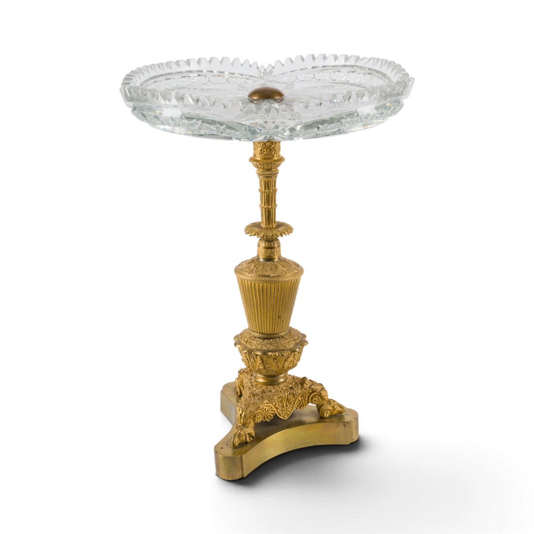| PRUNKVOLLER TAFELAUFSATZ: ORNATE TABLE CENTERPIECE circa 1890 Bronze, partially gilded; thick-walled, cut crystal glass. 44 x 31 x 31 cm. Minor damage.PRUNKVOLLER TAFELAUFSATZ um 1890 Bronze, part. vergoldet, dickwandiges, ges