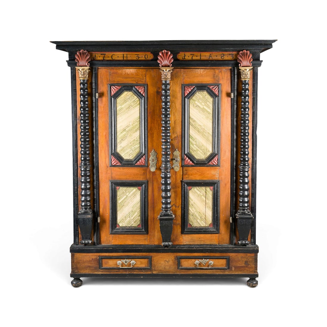 | BAROCK KISSENSCHRANK: BAROQUE CUSHION CABINET Northern Germany/Netherlands, probably 1730 Solid oak, walnut veneer. H. 198, W. 174, D. 68 cm. Marked 'd7 CH 30' and 'd 1A 83' on the frieze. Impressive tall rectangular two-d