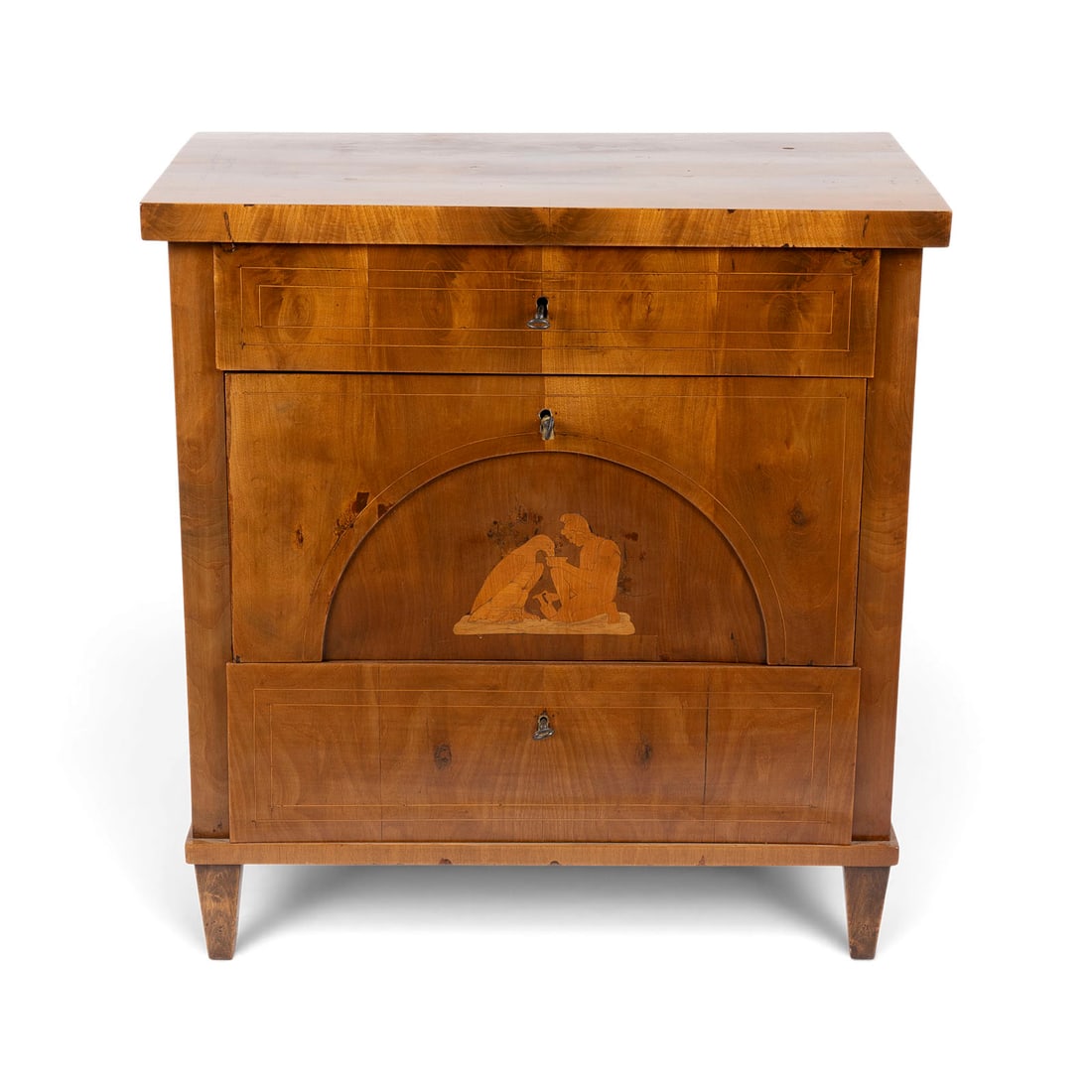 | KLASSIZISTISCHE KOMMODE: KLASSIZISTISCHE KOMMODE Braunschweig, um 1790-1810 Kirschbaum und Edelhoelzer, furniert und intarsiert. H. 80,5, B. 78, T. 45 cm. Kompakte Schreibkommode auf vier verjuengten Vierkantfuessen.