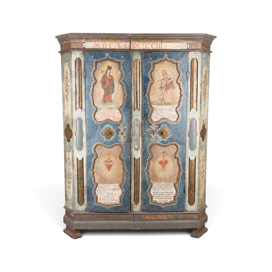 | SAKRAL BEMALTER BAUERNSCHRANK: SAKRAL BEMALTER BAUERNSCHRANK Sueddeutschland /Oesterreich, um 1812 Weichholz, wohl Fichte, polychrom bemalt, geschmiedete Eisenbeschlaege. H 190, B 138, T. 60. Bez. 'MDCI WAL KON CCXII'. Zweitueriger