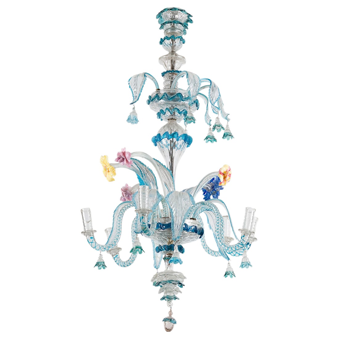 | VENEZIANISCHER MURANO GLASLUeSTER: VENEZIANISCHER MURANO GLASLUeSTER Venedig / Murano, 20. Jh. Farbloses und polychromes Glas; Metall, elektrifiziert.. H. ca. 88 cm. Mehrflammiger Luester im venezianischen Rezzonico- bzw.
