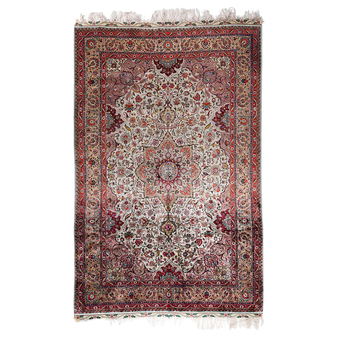 | TAeBRIS SEIDE: TAeBRIS SEIDE Persien, Ende 20. Jh. 259 x 173 cm. Borduere oben u. unten links m. leichten Ausblutungen.TAeBRIS SEIDE Persien, Ende 20. Jh. 259 x 173 cm. Borduere oben u. unten links m. leichten