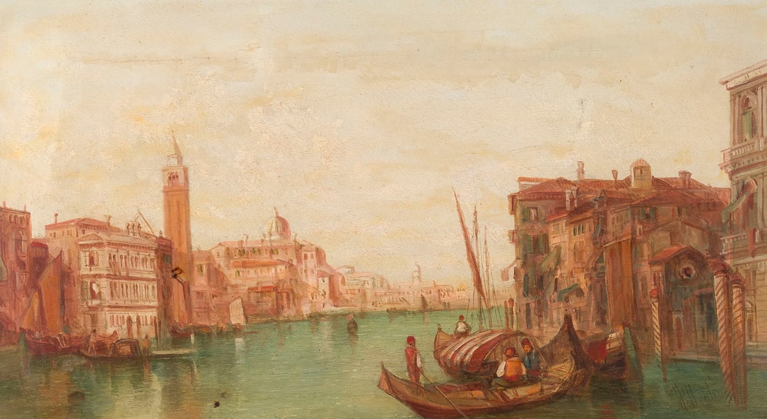 ALFRED POLLENTINE | VENEDIG: ALFRED POLLENTINE 1836 - 1890 VENICE Oil on canvas. 25 x 46 cm (f. 41 x 60 cm). Signed lower right. Verso: signed and titled on the canvas. Retouched. Framed.ALFRED POLLENTINE 1836 - 1890 VENEDIGOel a