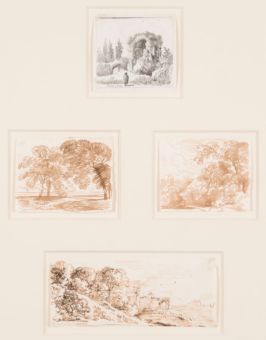 FRANZ INNOCENZ JOSEF KOBELL | DREI LANDSCHAFTEN: FRANZ INNOCENZ JOSEF KOBELL 1749 - 1822 DREI LANDSCHAFTEN Federzeichnung. JOHANN CHRISTIAN KLENGEL (1751-1824) 'A ROMA'. Radierung. 8 x 10,5 cm, 8 x 10,3 cm, 7,3 x 18,3 cm; 8,5 x 9 c. Unter Gla gerahm