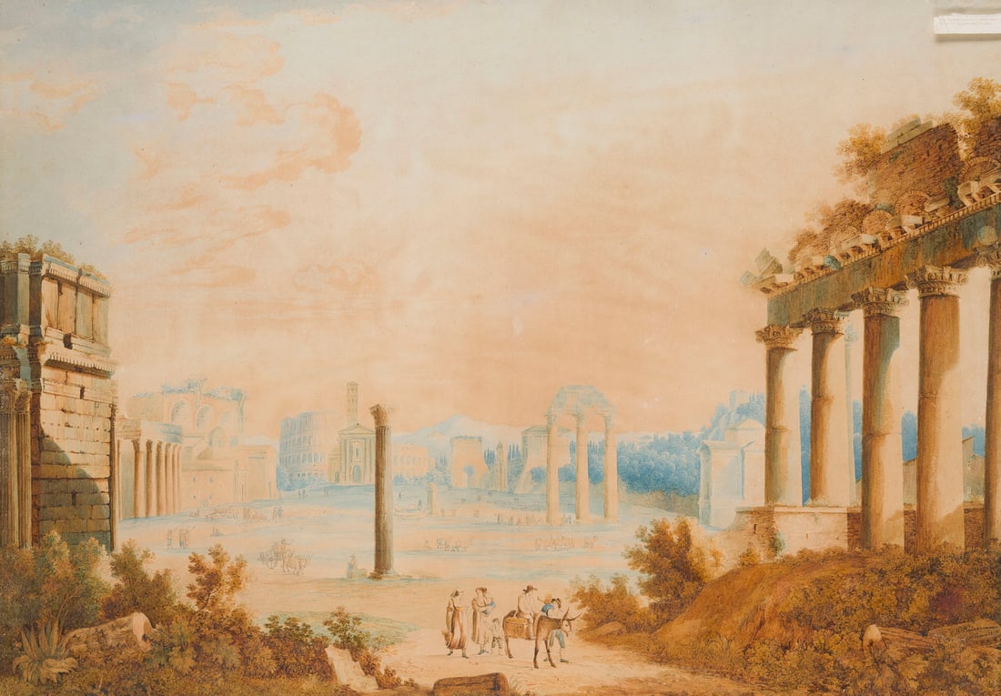 FRANZ KAISERMANN | BLICK AUF DAS FORUM ROMANUM, 1813: FRANZ KAISERMANN 1765 - 1833 VIEW OF THE FORUM ROMANUM, 1813 Watercolor on paper. Sheet: 55 x 77 cm (f. 73 x 96 cm). Signed and dated. Toned, partially rubbed. Framed under glass, unopened.FRANZ KAISE