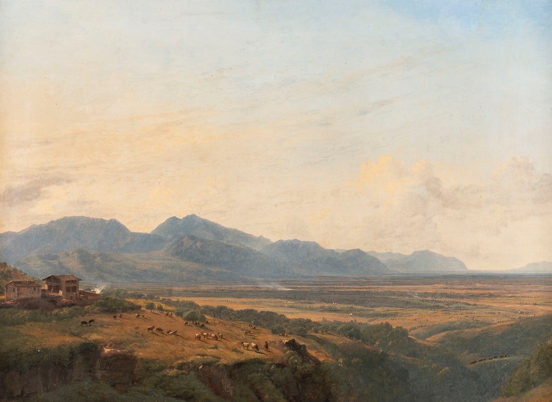 EUGENE JOSEPH VERBOECKHOVEN | WEITE LANDSCHAFT DER ROeMISCHEN CAMPAGNA: EUGENE JOSEPH VERBOECKHOVEN 1798 Warneton - 1881 Bruessel WIDE LANDSCAPE OF THE ROMAN CAMPAGNA Oil on canvas, relined. 42 x 56 cm (f. 58 x 73 cm). Verso: wax seal ''Succession Verboeckhoven''. Origina