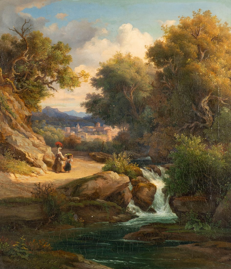 DEUTSCHE SCHULE DER MITTE DES 19. JH. | ITALIENISCHE LANDSCHAFT MIT WILDBACH UND STADT IM HINTERGRUN: GERMAN SCHOOL Mid-19th Century ITALIAN LANDSCAPE WITH A MOUNTAIN STREAM AND A TOWN IN THE BACKGROUND Oil on canvas, marouflaged onto hardboard. 53 x 47 cm (F. 77 x 71 cm). Remnants of a signature. Par