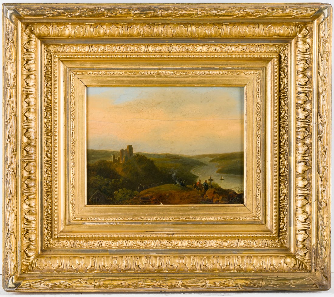 DEUTSCHER ROMANTIKER | HUeGELLANDSCHAFT MIT KREUZ UND RUINE IN DER FERNE: DEUTSCHER ROMANTIKER Taetig um 1840 HUeGELLANDSCHAFT MIT KREUZ UND RUINE IN DER FERNE Oel auf Holz. 15 x 22 cm (R. 37 x 41 cm). Unten rechts monogrammiert und datiert. Rahmen.DEUTSCHER ROMANTIKER Taet