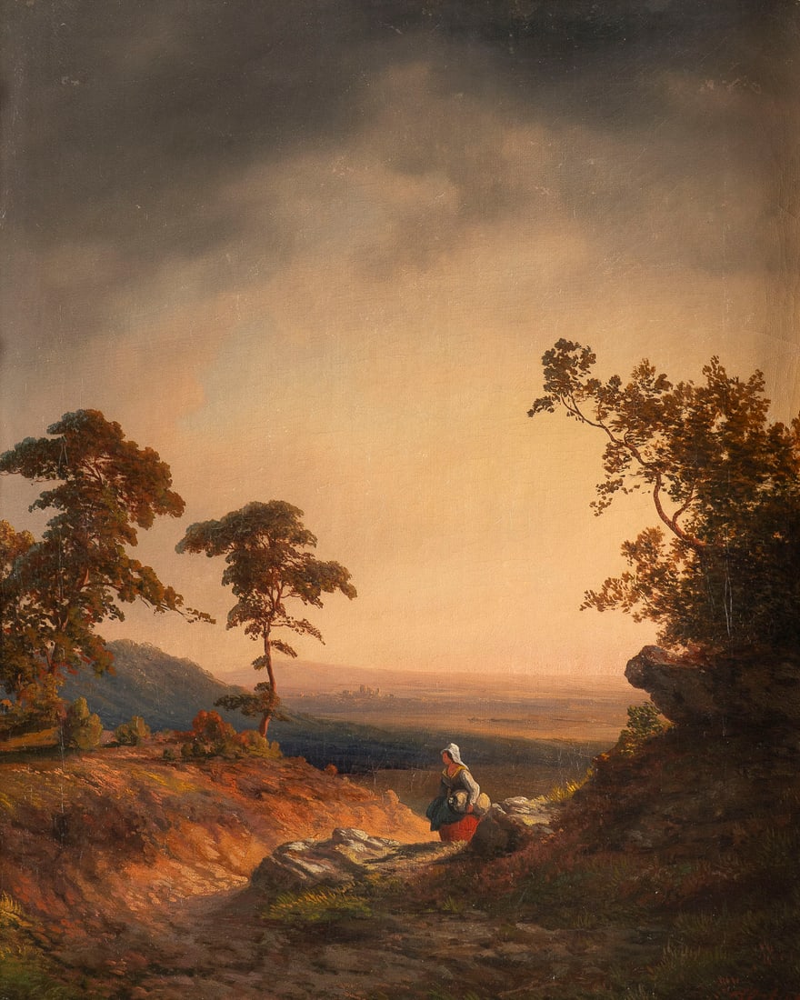 JOSEPH HUeLSER | ROMANTISCHE LANDSCHAFT: JOSEPH HULSER 1819 Kleinenbroich - 1850 Dusseldorf ROMANTIC LANDSCAPE Oil on canvas. 36 x 30 cm. Signed lower right. Framed. Accompanied by a certificate of authenticity from 2001.JOSEPH HUeLSER 1819 