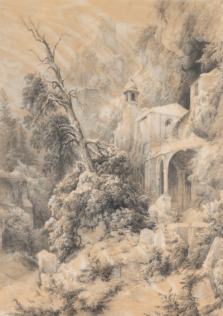 DEUTSCHER ROMANTIKER | FELSENLANDSCHAFT MIT KLOSTER UND BURGRUINE: DEUTSCHER ROMANTIKER Taetig Mitte 19. Jh. FELSENLANDSCHAFT MIT KLOSTER UND BURGRUINE Bleistift auf Papier. 79 x 56 cm (R. 105 x 79 cm). Gebraeunt. Unter Glas im Passepartout gerahmt.DEUTSCHER ROMANTIK