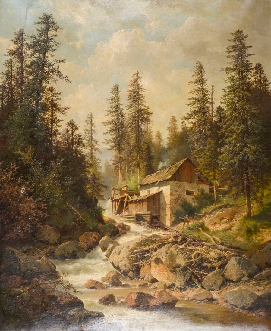 CARL HASCH | MUeHLE AM SEEBACH IN PRAGS, 1892: CARL HASCH 1835 Vienna - 1897 ibid. MILL ON THE SEEBACH IN PRAGS, 1892 Oil on canvas. 99 x 82 cm (f. 119 x 101 cm). Signed and dated lower right. Partially damaged. Framed.CARL HASCH 1835 Wien - 1897 