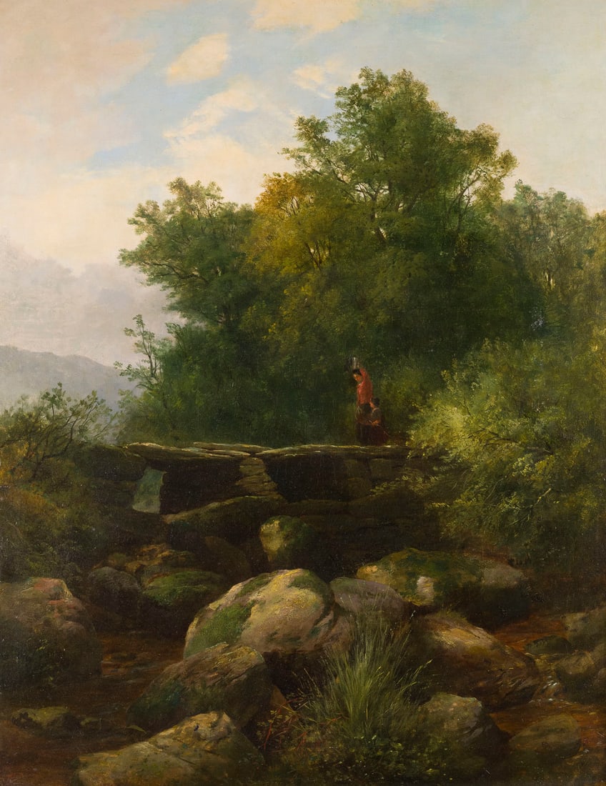 DEUTSCHE SCHULE DER MITTE DES 19. JH. | WALDBACH MIT STEINBRUeCKE, 1840: GERMAN SCHOOL, MID-19TH CENTURY Stone Bridge over a Forest Brook, 1840 Oil on canvas, relined. 91 x 71 cm (F. 104 x 84 cm). Traces of signature and date lower right. Partial retouching.