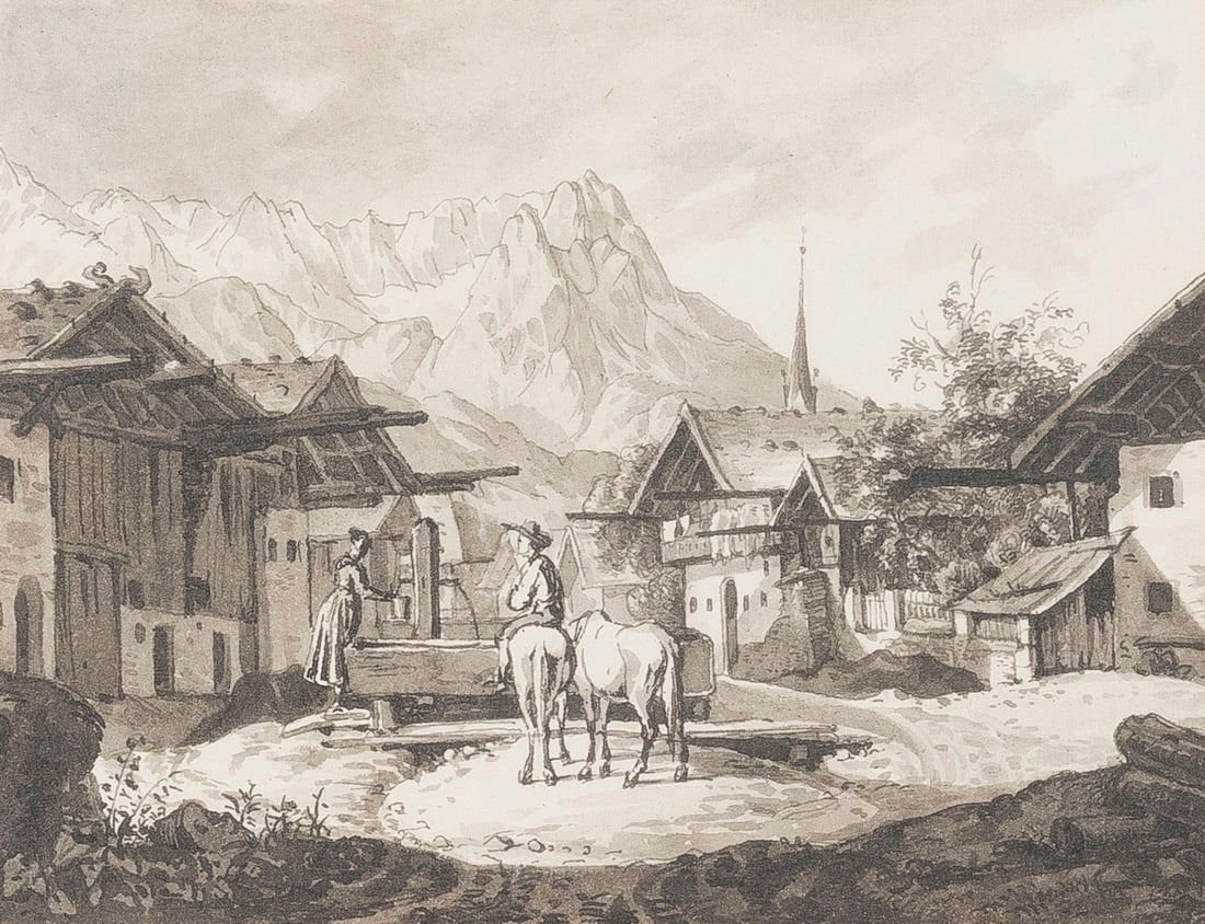 WILHELM SCHEUCHZER | PARTENKIRCHEN: WILHELM SCHEUCHZER 1803 Hausen am Albis - 1866 Munich PARTENKIRCHEN Watercolor on paper. Sheet: 6.3 x 8.5 cm (F. 27 x 31 cm). Framed behind glass with a passe-partout.WILHELM SCHEUCHZER 1803 Hausen am
