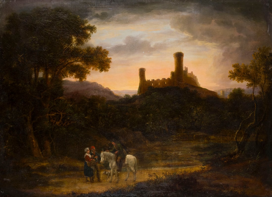 DEUTSCHER ROMANTIKER | ABENDLICHE LANDSCHAFT MIT BLICK AUF EINE BURGRUIN: GERMAN ROMANTIC ARTIST Active mid-19th century EVENING LANDSCAPE WITH A VIEW OF A CASTLE RUIN Oil on canvas, lined. 75 x 100 cm (f. 93 x 120 cm). Inscribed lower right 'F. R. Kummer'. Restored.