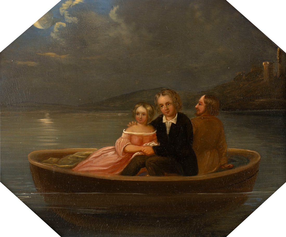 MORITZ VON SCHWIND | NAeCHTLICHE KAHNFAHRT, UM 1820-1830: MORITZ VON SCHWIND 1804 Wien - 1871 Muenchen NAeCHTLICHE KAHNFAHRT, um 1820-1830 Oel auf Karton. 13 x 16 cm (R. 37 x 38 cm). Verso: bezeichnet. Rahmen.MORITZ VON SCHWIND 1804 Wien - 1871 Muenchen