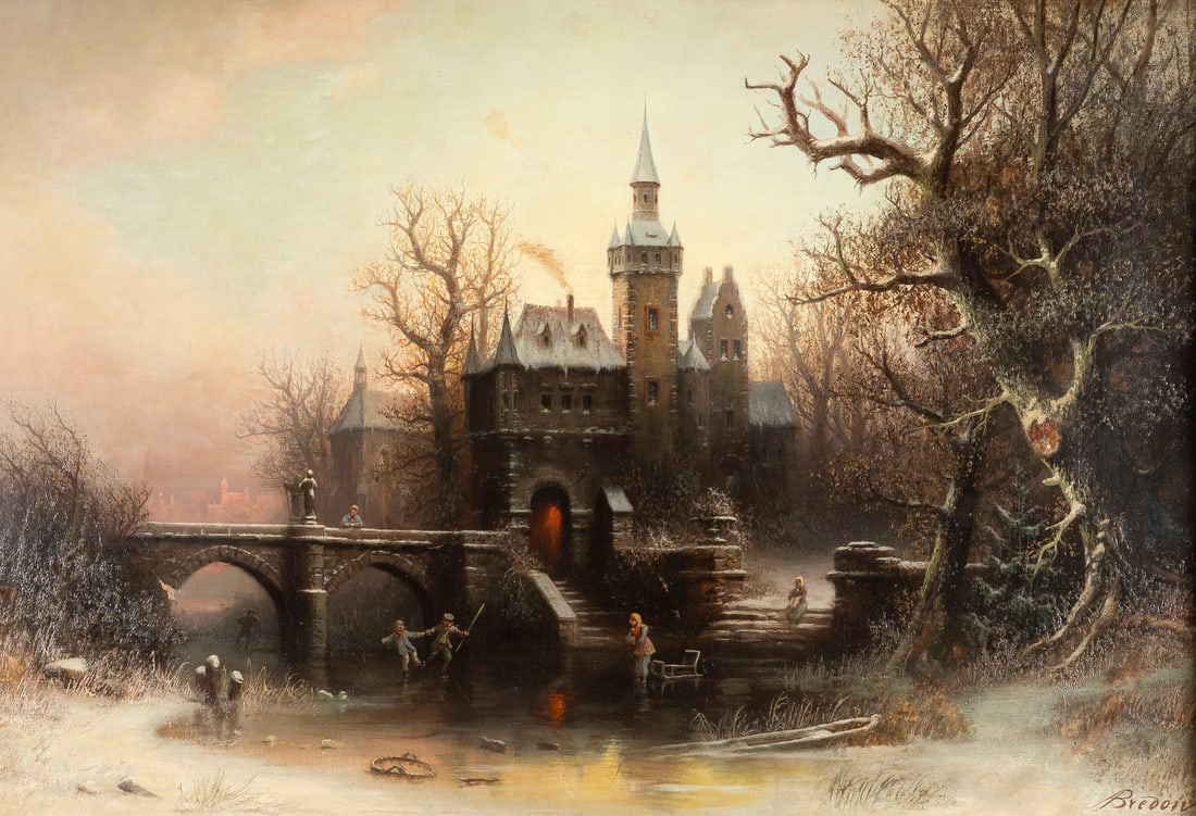 ALBERT BREDOW | GROSSE WINTERLANDSCHAFT MIT SCHLOSS: ALBERT BREDOW 1828 - 1899 LARGE WINTER LANDSCAPE WITH A CASTLE Oil on canvas, lined. 70 x 102 cm (f. 96 x 126 cm). Signed lower right. Isolated retouching. Framed.ALBERT BREDOW 1828 - 1899 GROSSE WINT