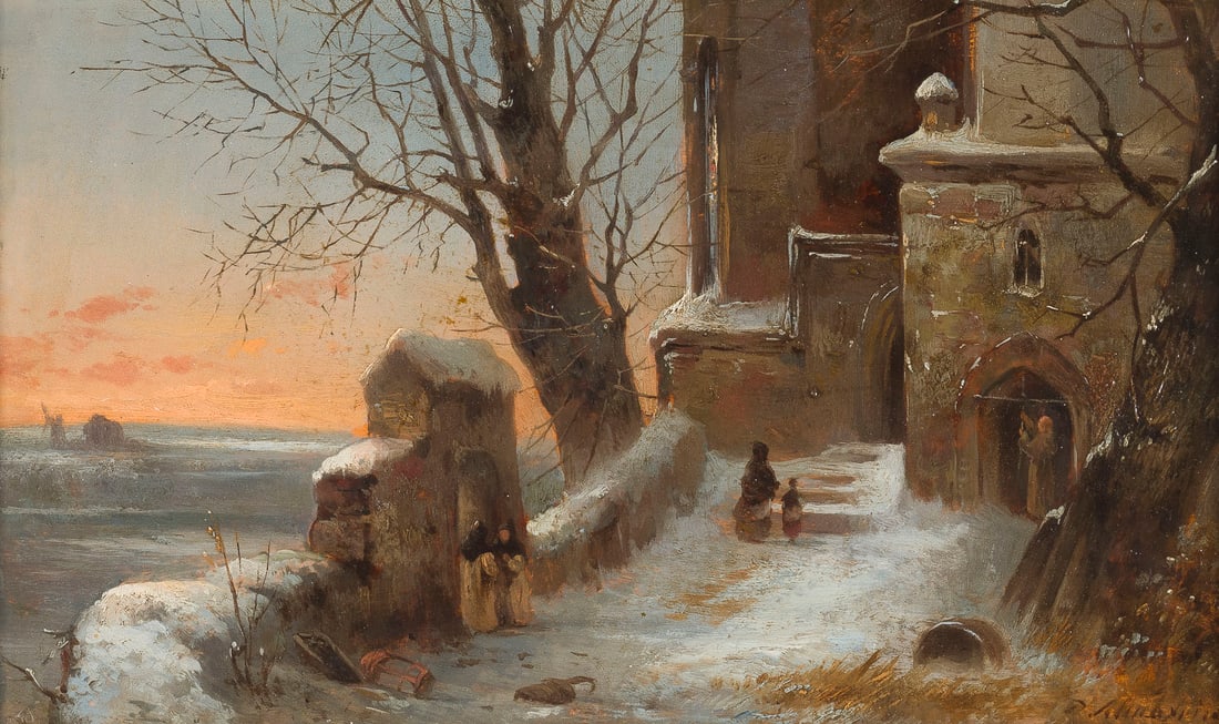 DOMINIK SCHUHFRIED | VERSCHNEITES KLOSTER: DOMINIK SCHUHFRIED 1810 Wien - um 1890 VERSCHNEITES KLOSTER Ol auf Holz. 19 x 33 cm (f. 38 x 51 cm). Signiert unten rechts. Rahmen.DOMINIK SCHUHFRIED 1810 Wien - c. 1890 VERSCHNEITES KLOSTEROel auf