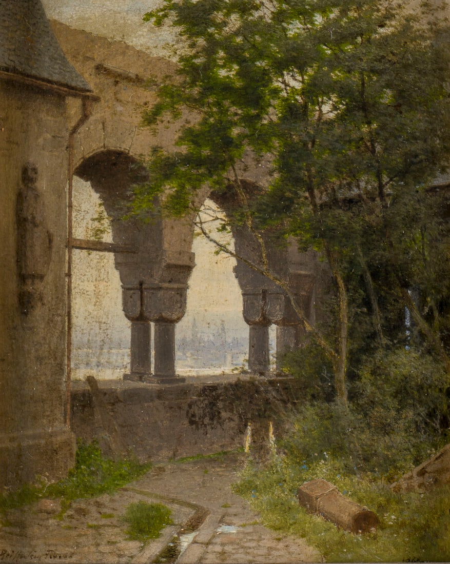 CARL THEODOR REIFFENSTEIN | IM KLOSTER: CARL THEODOR REIFFENSTEIN 1820 Frankfurt/M. - 1893 ebenda IM KLOSTER Oel auf Karton. 13 x 10,5 cm (R. 21,5 x 19 cm). Unten links undeutlich signiert und datiert. Rahmen.CARL THEODOR REIFFENSTEIN