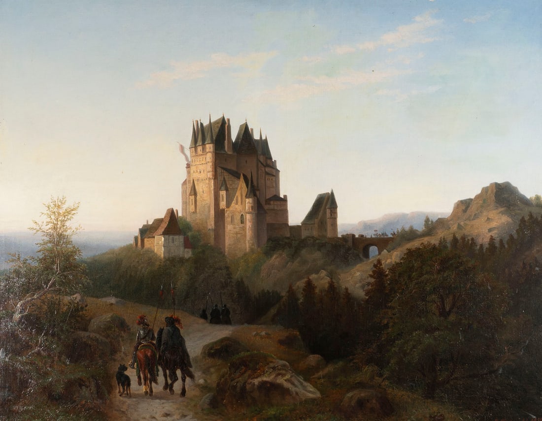 R. WIEZEWSKI | ROMANTISCHE LANDSCHAFT MIT BURG, 1859: R. WIEZEWSKI active mid-19th century ROMANTIC LANDSCAPE WITH A CASTLE Oil on canvas. 74 x 94 cm (f. 86 x 106 cm). Signed and dated lower right. Framed.R. WIEZEWSKI taetig Mitte 19. Jh ROMANTISCHE