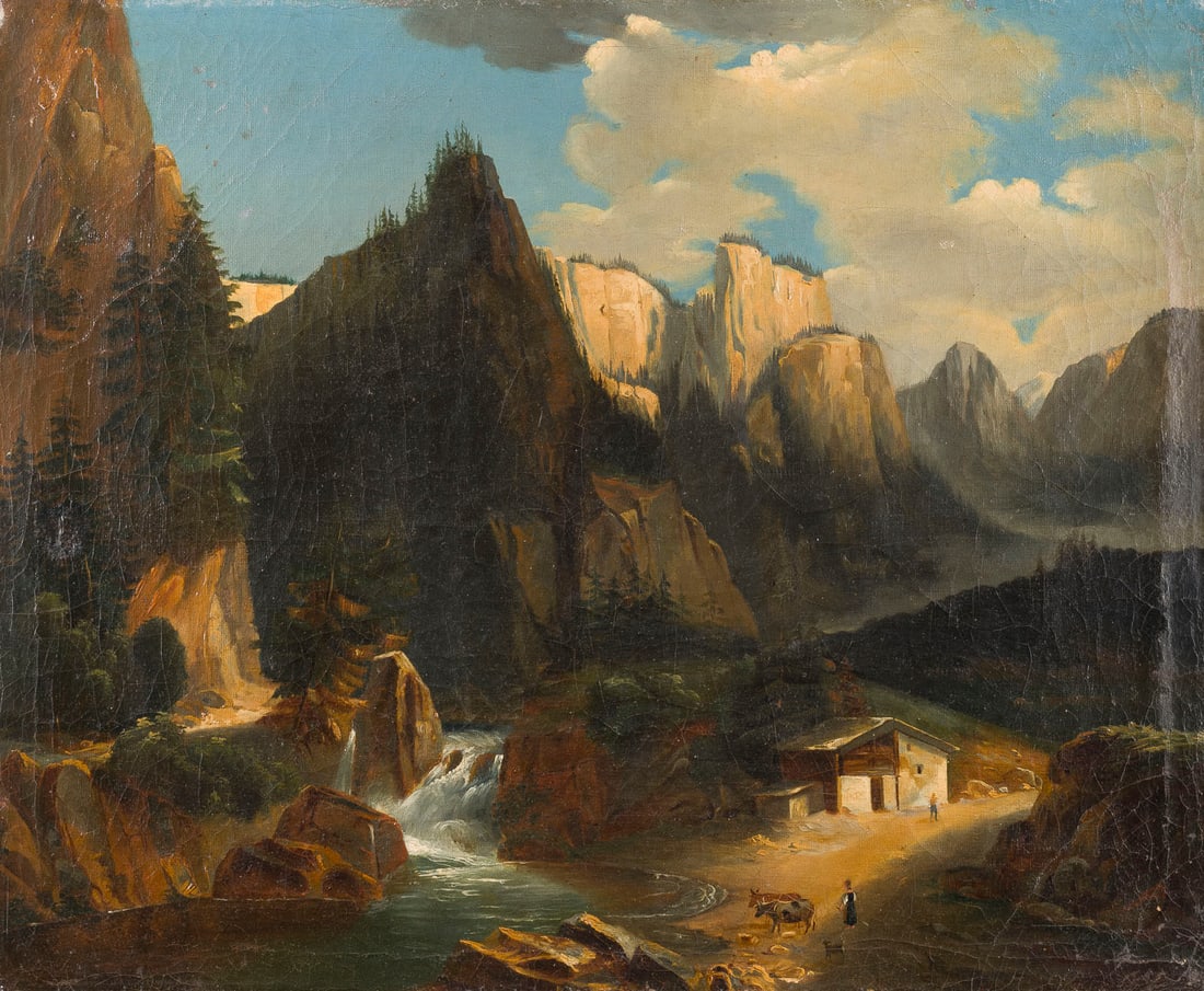 ALEXANDRE FREDERIC CHARLOT DE COURCY (ATTR.) | ALPINE LANDSCHAFT MIT HUeTTE, WASSERFALL UND STAFFAGE (1 of 1)