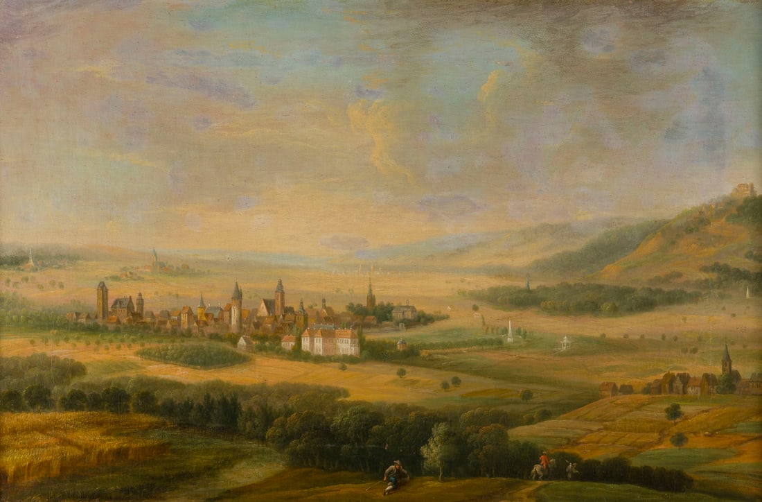 CASPAR SCHNEIDER (ATTR.) | WEITE LANDSCHAFT MIT BLICK AUF MAINZ UND DAS MAINTAL: CASPAR SCHNEIDER (ATTR.) 1753 - 1839 WEITE LANDSCHAFT MIT BLICK AUF MAINZ UND DAS MAINTAL Oel auf Leinwand, doubliert. 36 x 55 cm (R. 55 x 74 cm). Rahmen. Provenienz: Privatsammlung.CASPAR SCHNEIDER