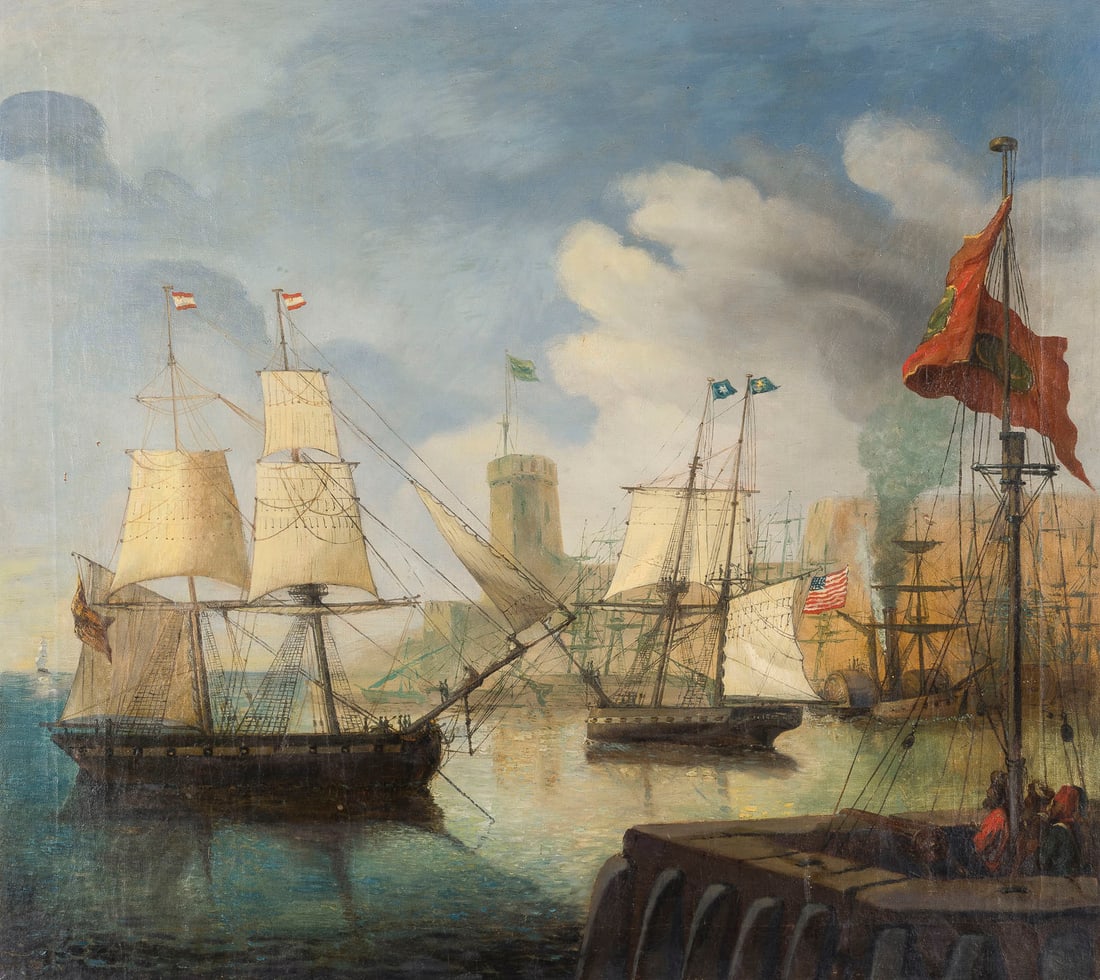 MARINEMALER DES 19. JHD | AMERIKANISCHE UND EUROPAeISCHE SCHIFFE IN EINEM OSMANISCHEN HAFEN (1 of 2)